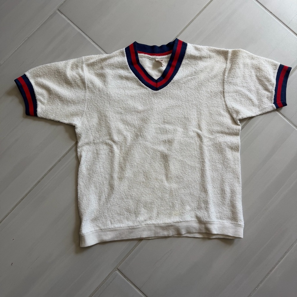 Vntg 70s Terry Cloth V-Neck Shirt Retro Athletic Stripe Tee USA Cotton M 38-40 - Picture 2 of 7